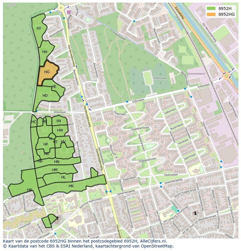 Afbeelding van het postcodegebied 6952 HG op de kaart.