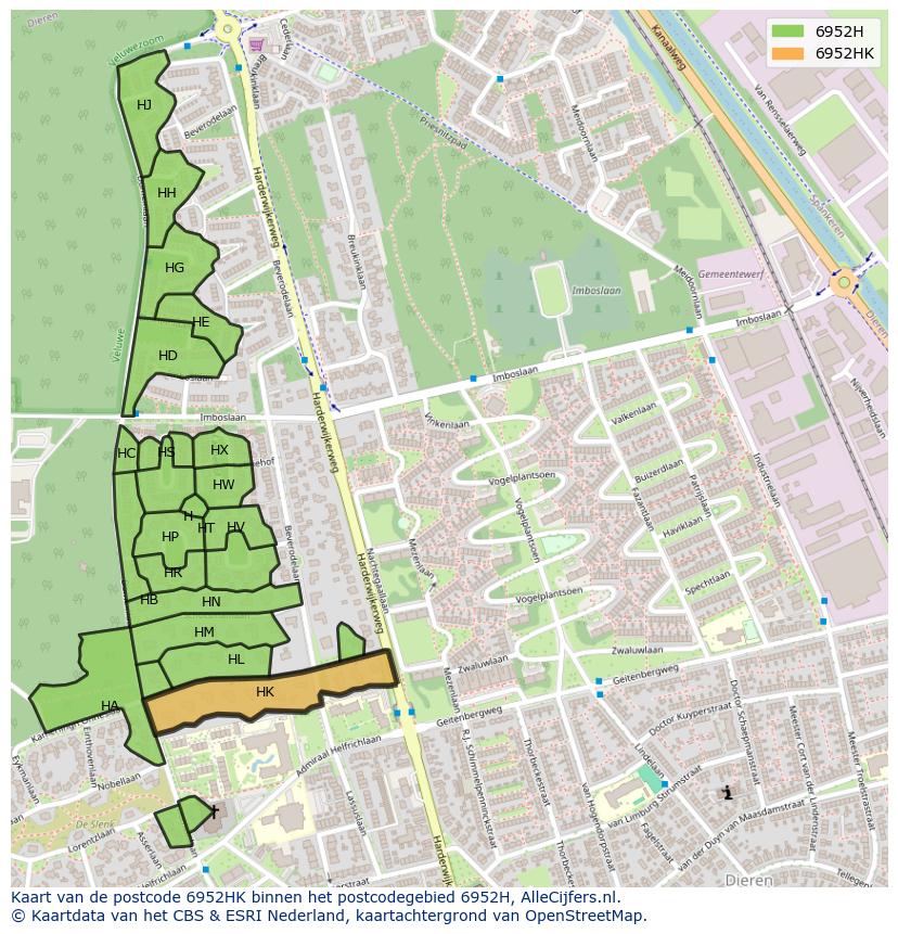 Afbeelding van het postcodegebied 6952 HK op de kaart.