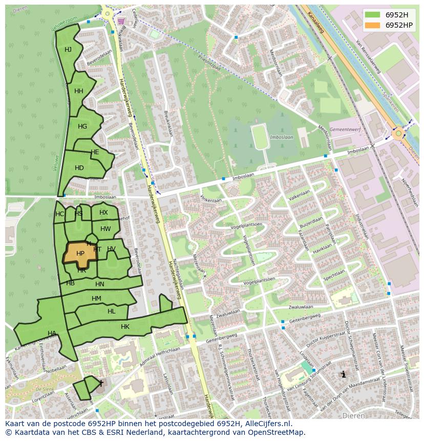 Afbeelding van het postcodegebied 6952 HP op de kaart.