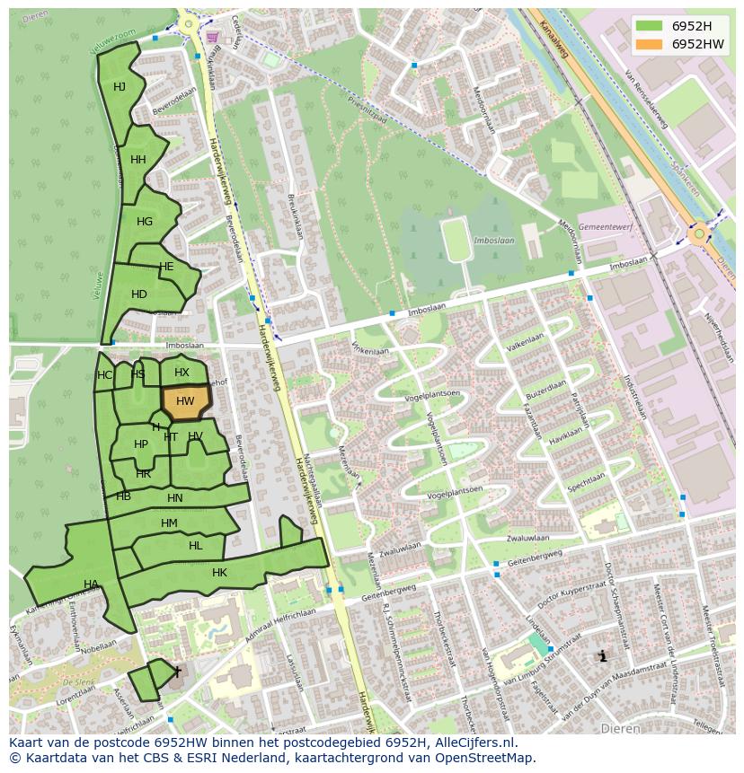 Afbeelding van het postcodegebied 6952 HW op de kaart.