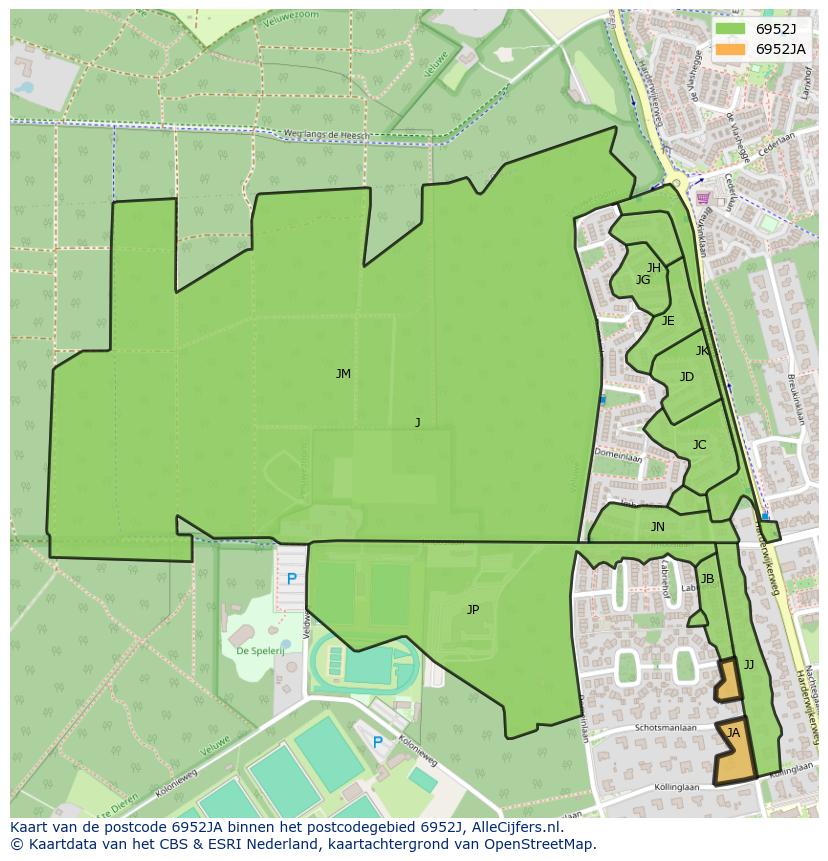 Afbeelding van het postcodegebied 6952 JA op de kaart.