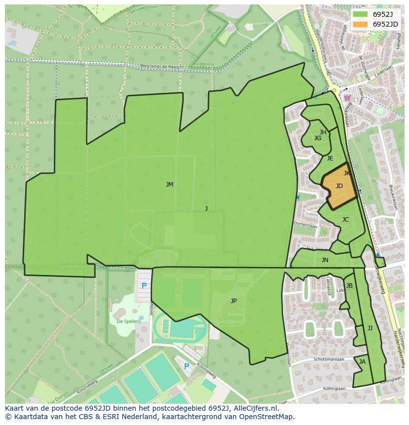 Afbeelding van het postcodegebied 6952 JD op de kaart.