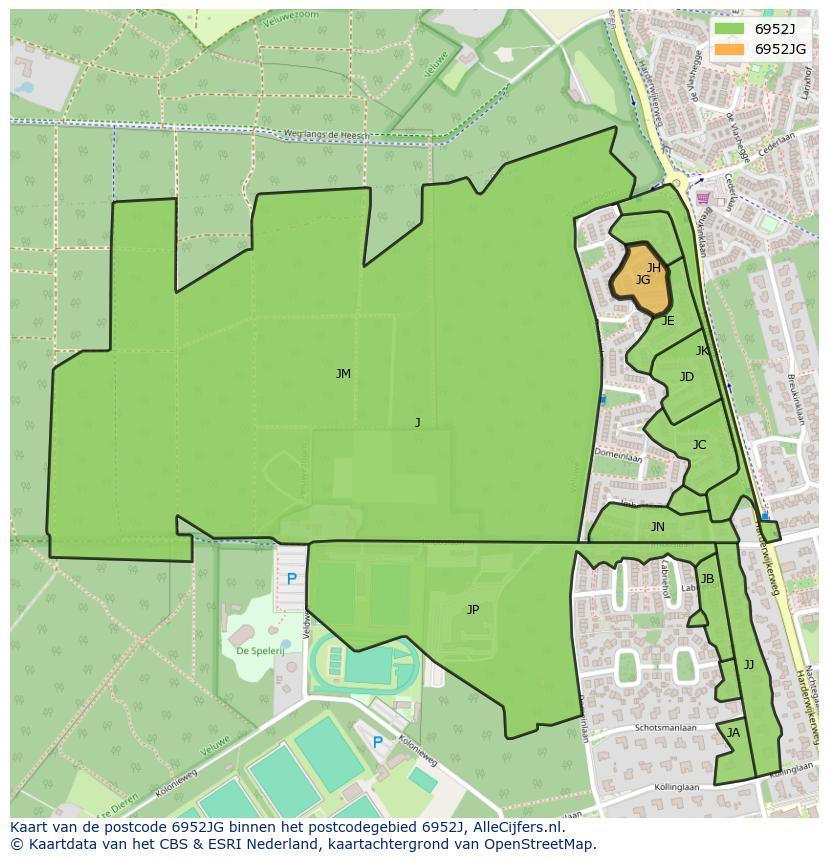 Afbeelding van het postcodegebied 6952 JG op de kaart.