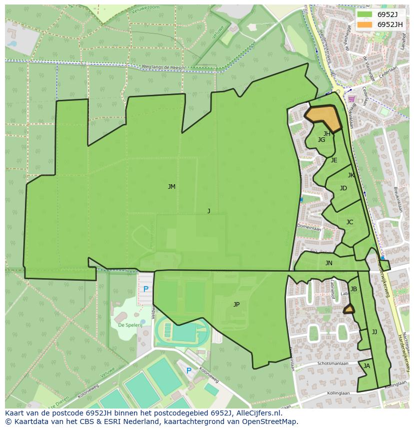 Afbeelding van het postcodegebied 6952 JH op de kaart.