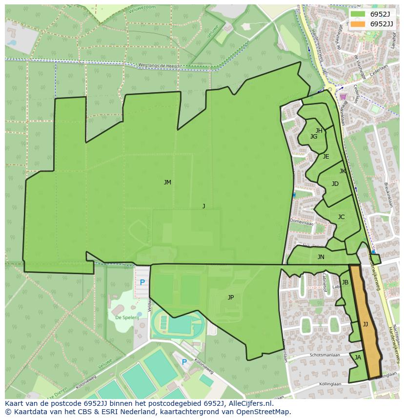 Afbeelding van het postcodegebied 6952 JJ op de kaart.