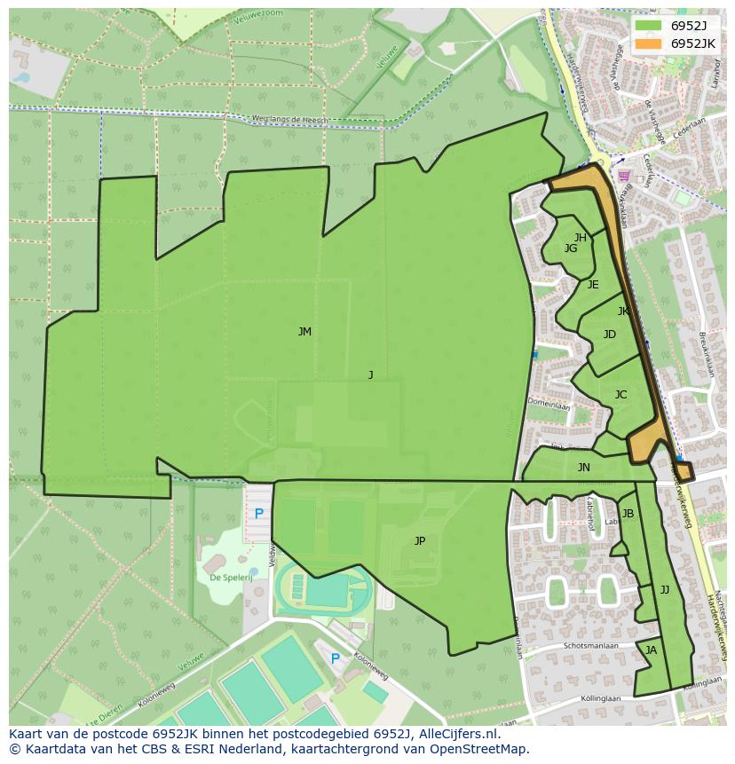 Afbeelding van het postcodegebied 6952 JK op de kaart.