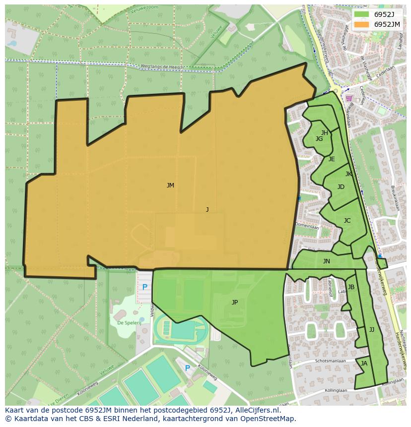 Afbeelding van het postcodegebied 6952 JM op de kaart.