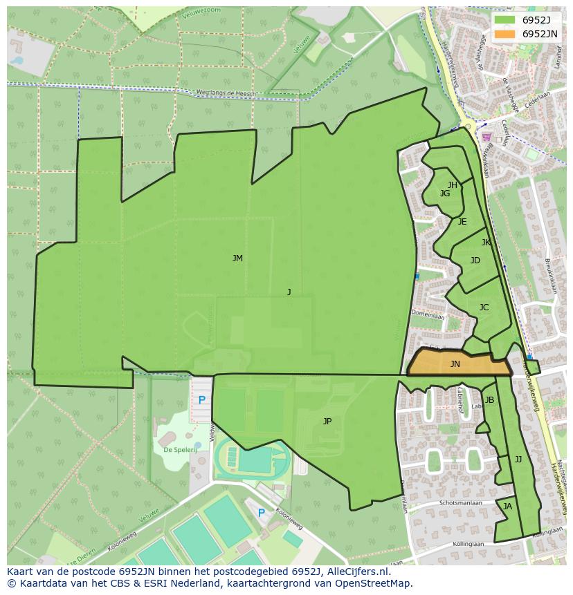 Afbeelding van het postcodegebied 6952 JN op de kaart.