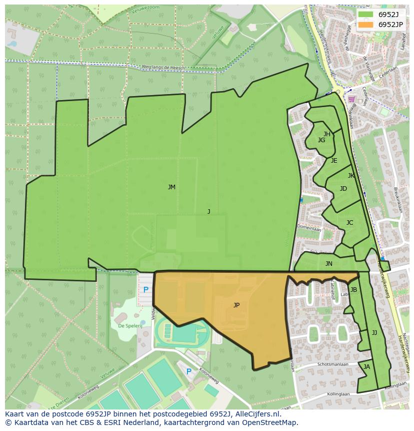 Afbeelding van het postcodegebied 6952 JP op de kaart.