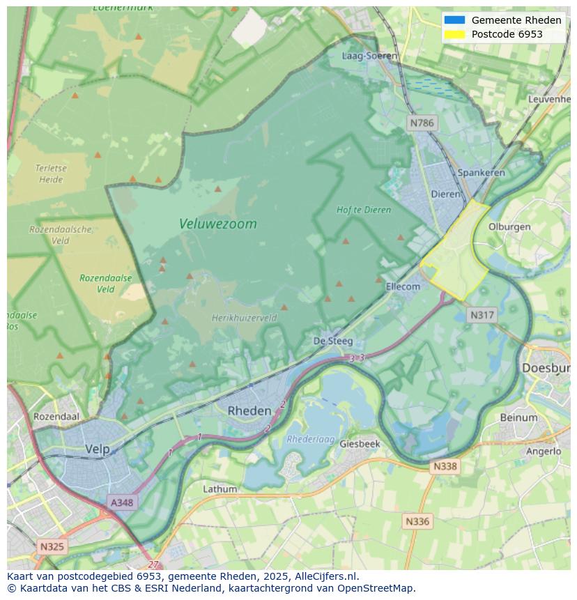 Afbeelding van het postcodegebied 6953 op de kaart.