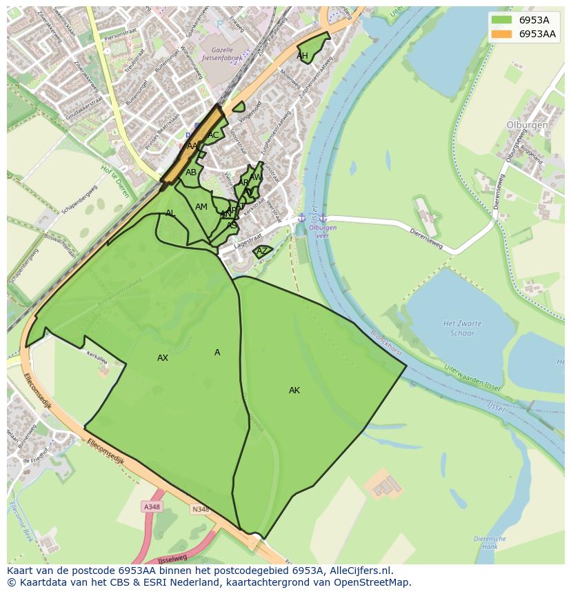 Afbeelding van het postcodegebied 6953 AA op de kaart.
