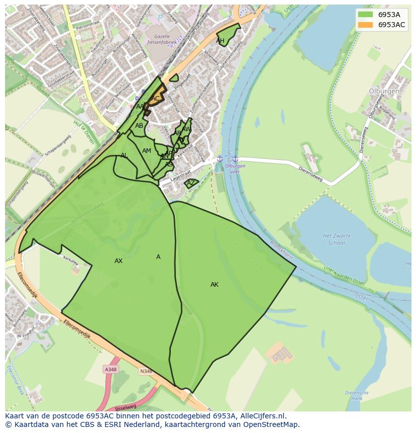 Afbeelding van het postcodegebied 6953 AC op de kaart.
