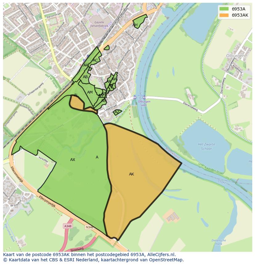 Afbeelding van het postcodegebied 6953 AK op de kaart.