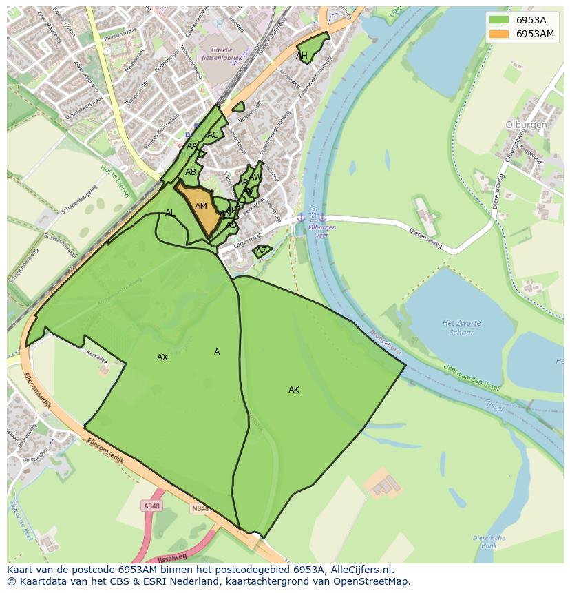 Afbeelding van het postcodegebied 6953 AM op de kaart.