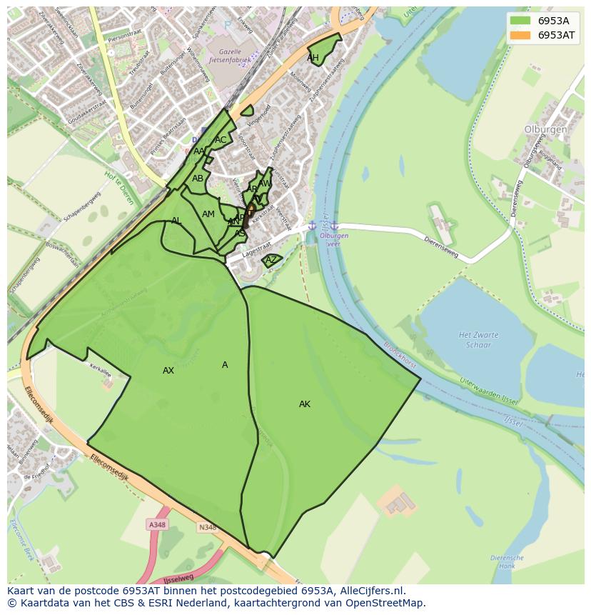 Afbeelding van het postcodegebied 6953 AT op de kaart.
