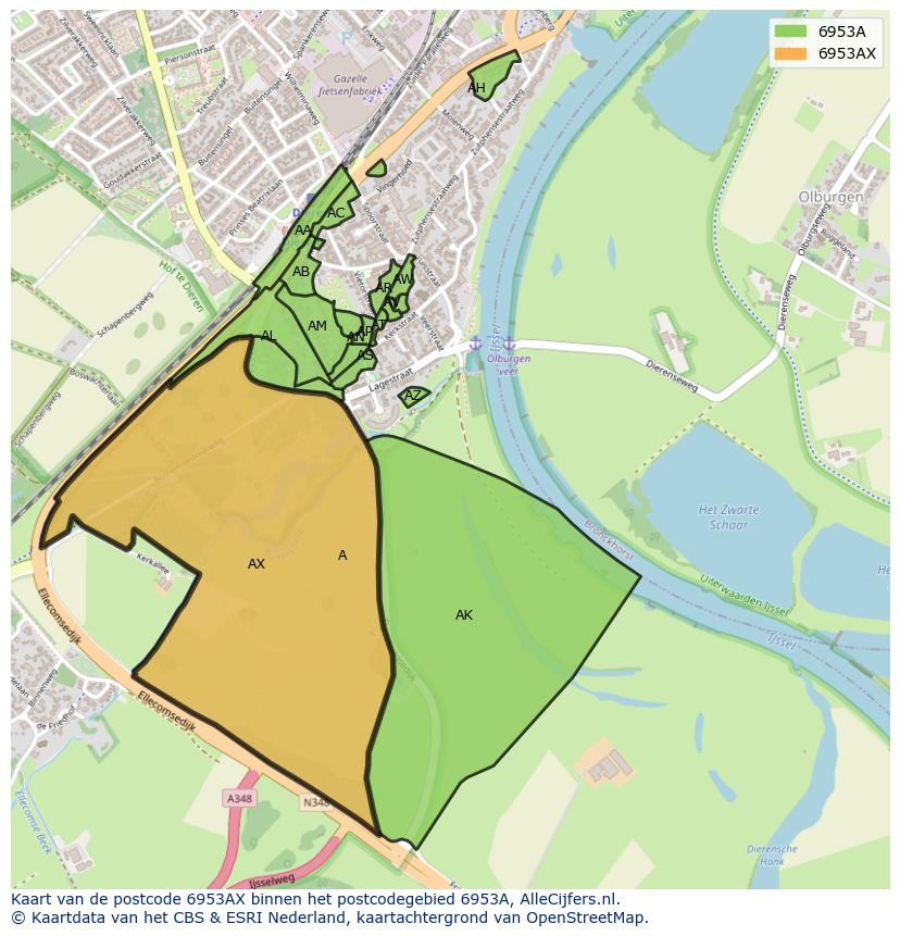 Afbeelding van het postcodegebied 6953 AX op de kaart.