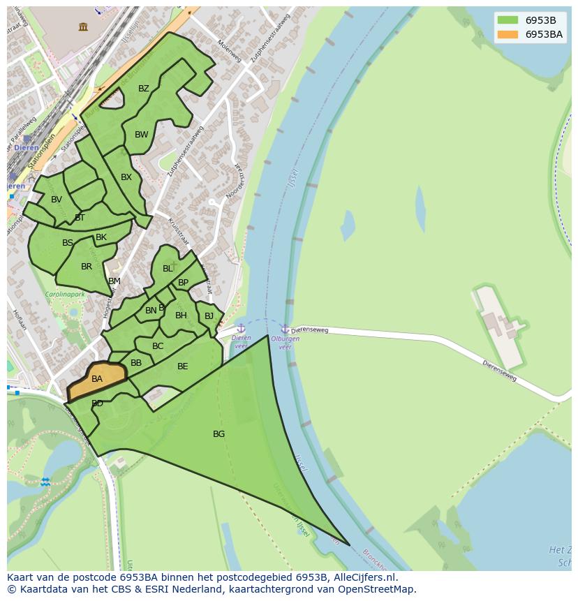 Afbeelding van het postcodegebied 6953 BA op de kaart.