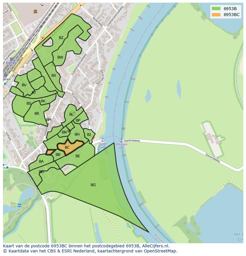 Afbeelding van het postcodegebied 6953 BC op de kaart.
