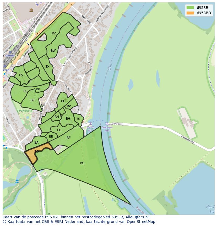Afbeelding van het postcodegebied 6953 BD op de kaart.