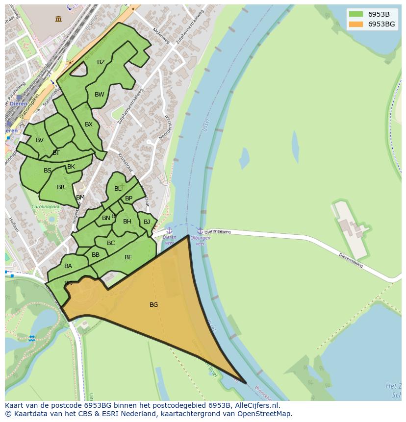 Afbeelding van het postcodegebied 6953 BG op de kaart.