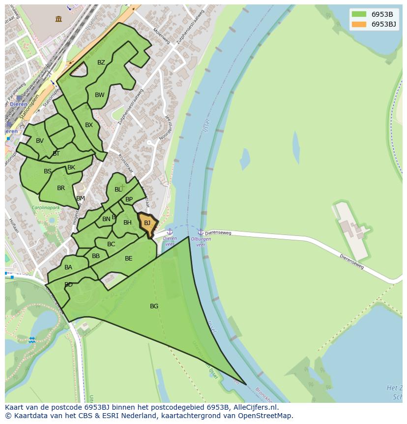 Afbeelding van het postcodegebied 6953 BJ op de kaart.
