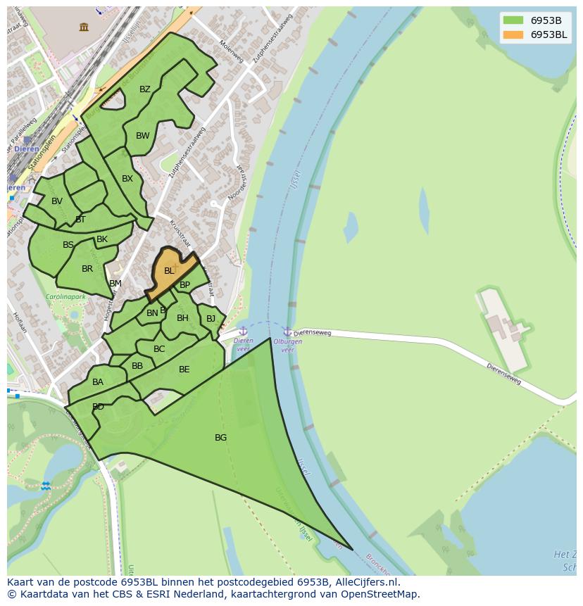 Afbeelding van het postcodegebied 6953 BL op de kaart.