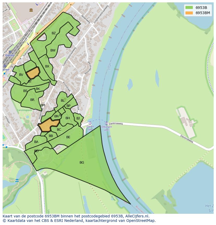 Afbeelding van het postcodegebied 6953 BM op de kaart.