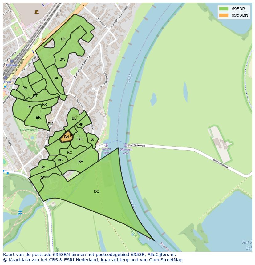 Afbeelding van het postcodegebied 6953 BN op de kaart.