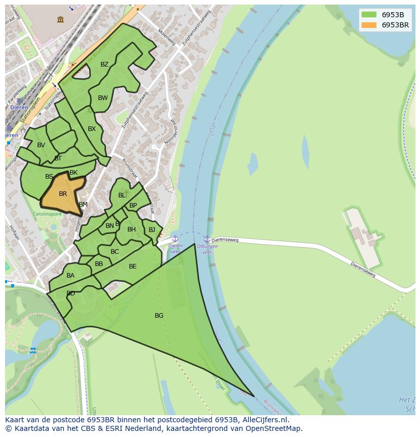 Afbeelding van het postcodegebied 6953 BR op de kaart.