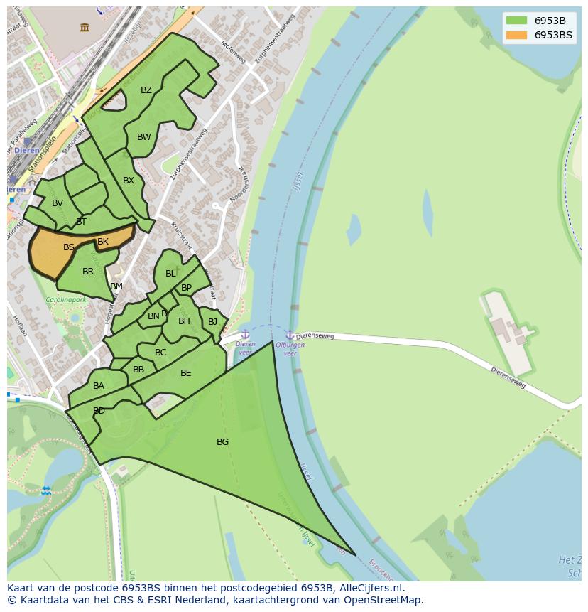 Afbeelding van het postcodegebied 6953 BS op de kaart.