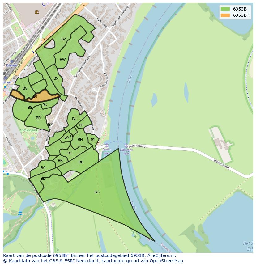 Afbeelding van het postcodegebied 6953 BT op de kaart.