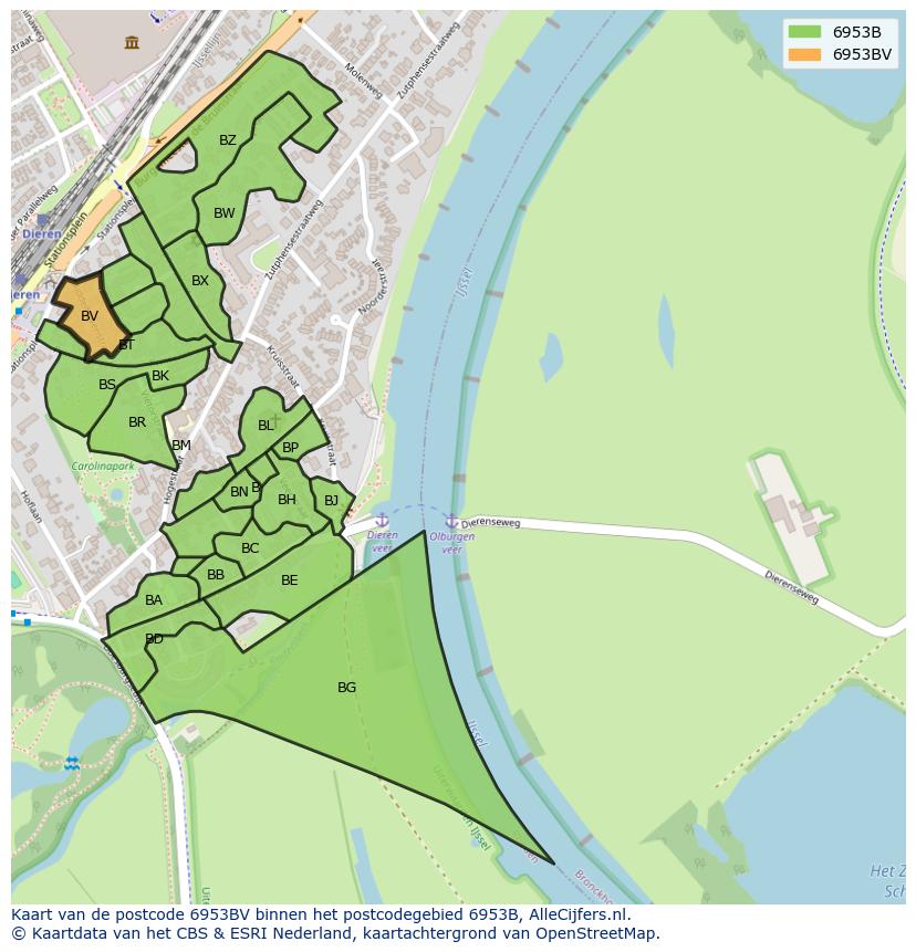 Afbeelding van het postcodegebied 6953 BV op de kaart.
