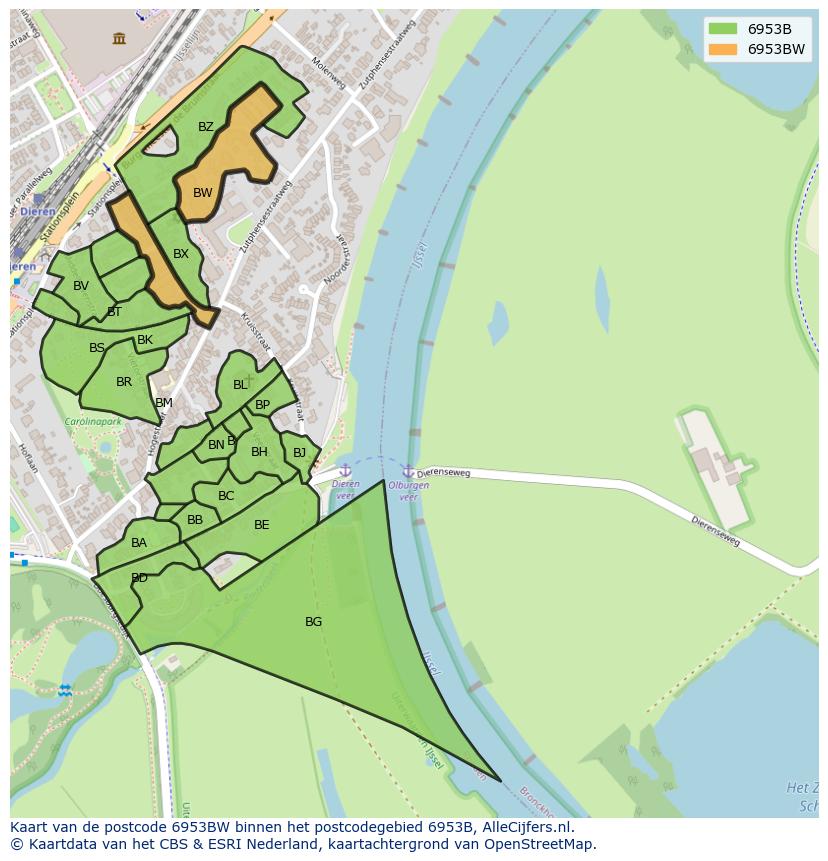 Afbeelding van het postcodegebied 6953 BW op de kaart.