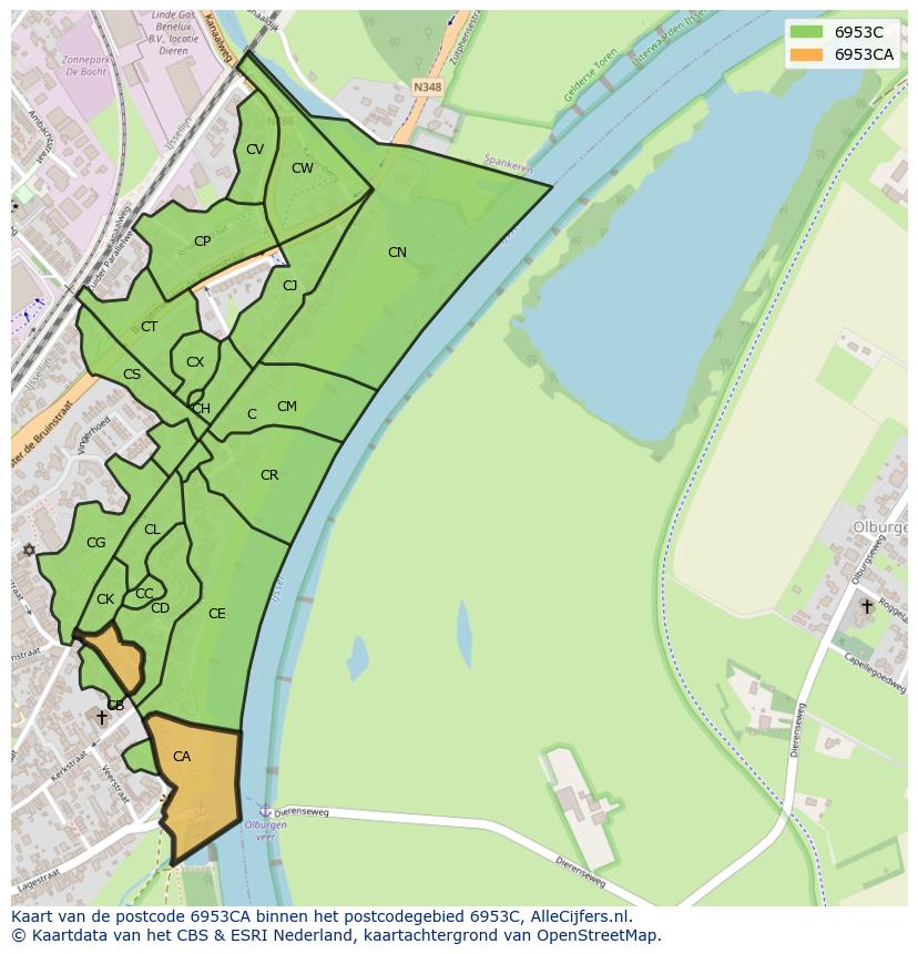 Afbeelding van het postcodegebied 6953 CA op de kaart.