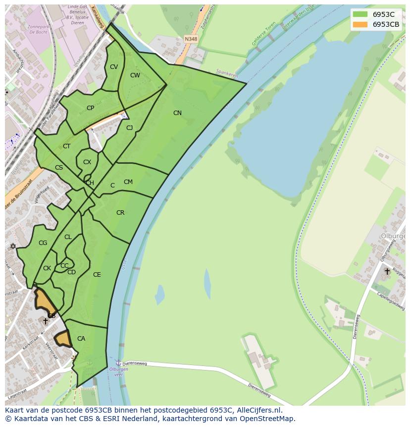 Afbeelding van het postcodegebied 6953 CB op de kaart.