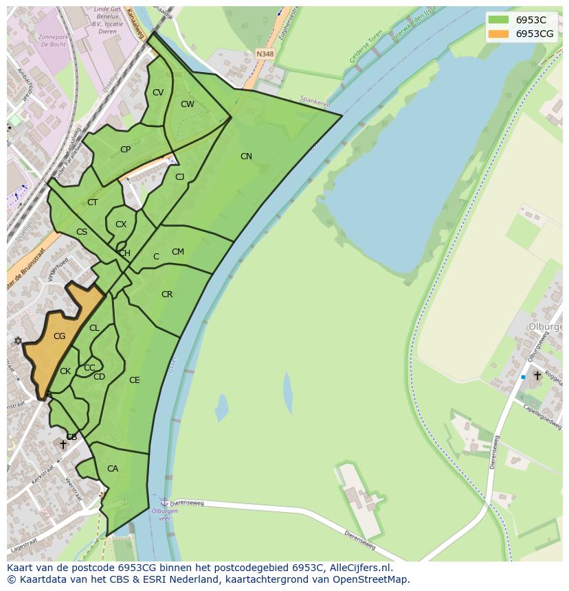 Afbeelding van het postcodegebied 6953 CG op de kaart.