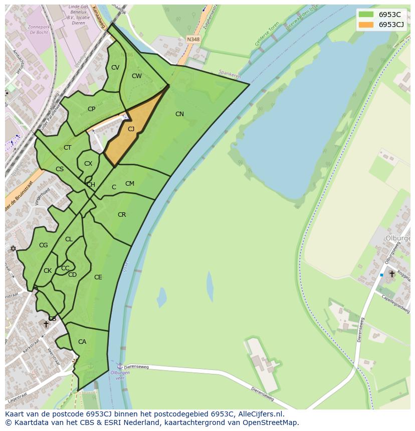 Afbeelding van het postcodegebied 6953 CJ op de kaart.