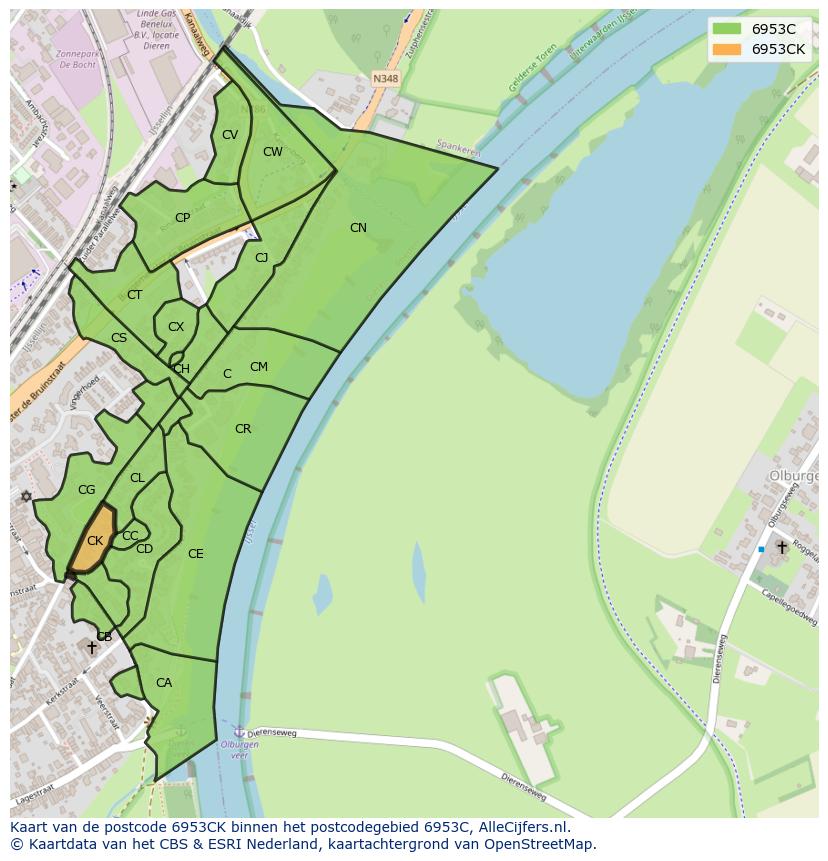 Afbeelding van het postcodegebied 6953 CK op de kaart.