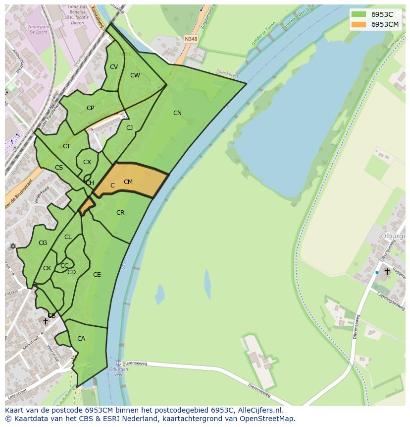 Afbeelding van het postcodegebied 6953 CM op de kaart.