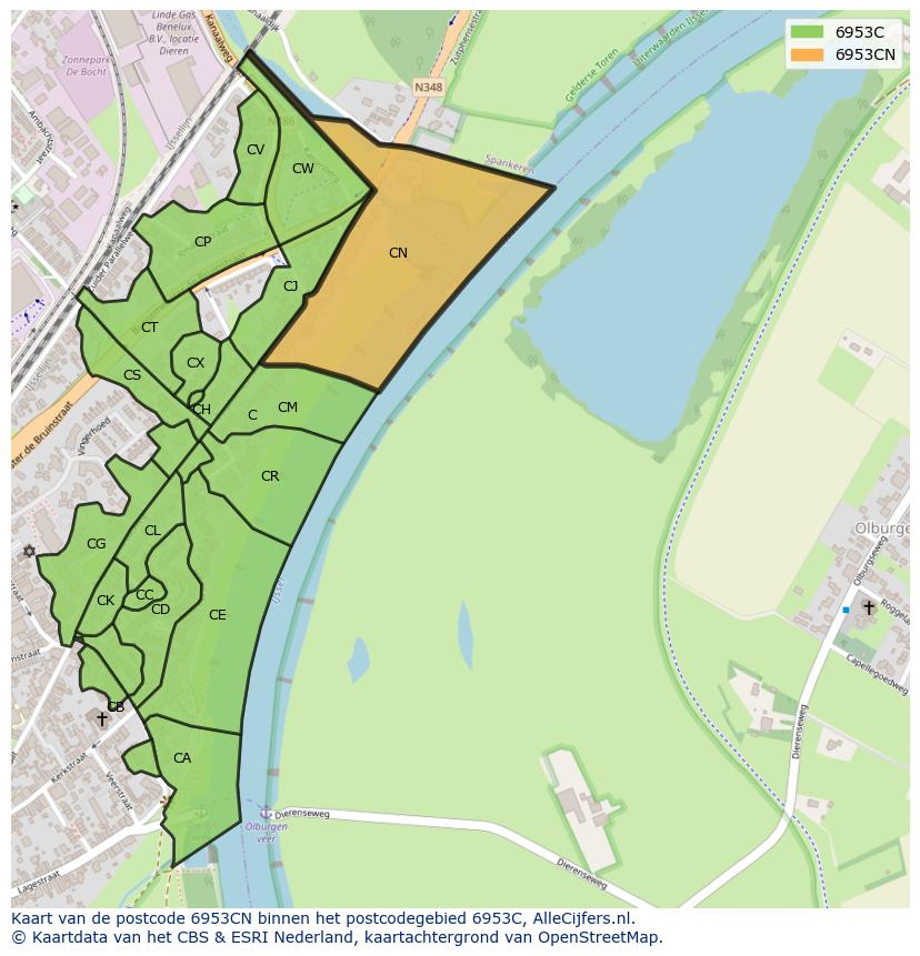 Afbeelding van het postcodegebied 6953 CN op de kaart.