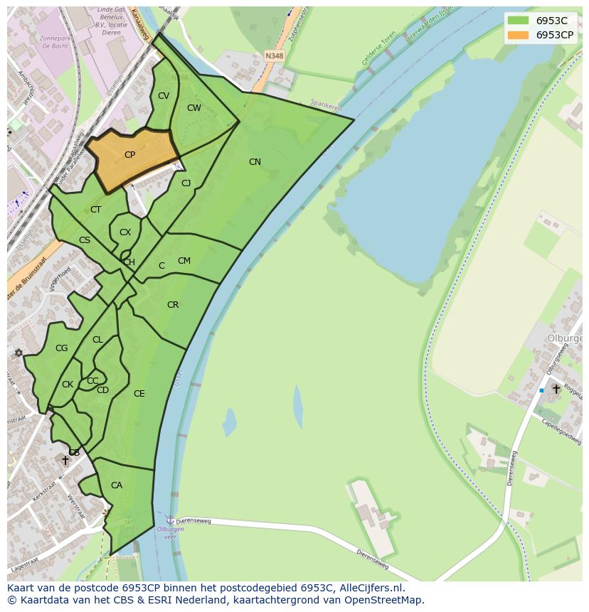 Afbeelding van het postcodegebied 6953 CP op de kaart.