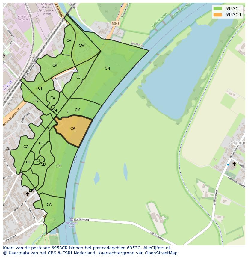 Afbeelding van het postcodegebied 6953 CR op de kaart.