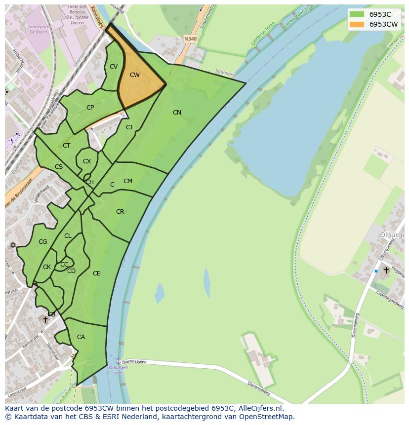 Afbeelding van het postcodegebied 6953 CW op de kaart.