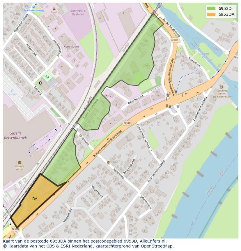 Afbeelding van het postcodegebied 6953 DA op de kaart.