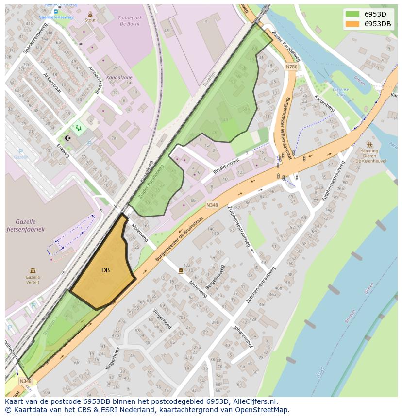 Afbeelding van het postcodegebied 6953 DB op de kaart.