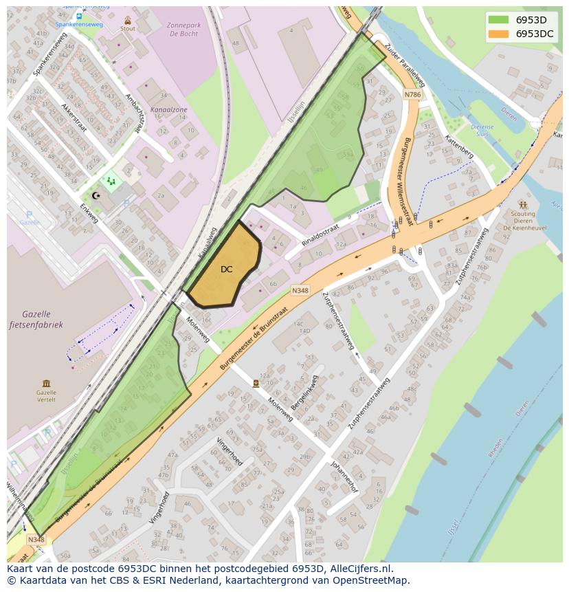 Afbeelding van het postcodegebied 6953 DC op de kaart.