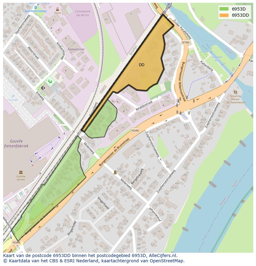 Afbeelding van het postcodegebied 6953 DD op de kaart.