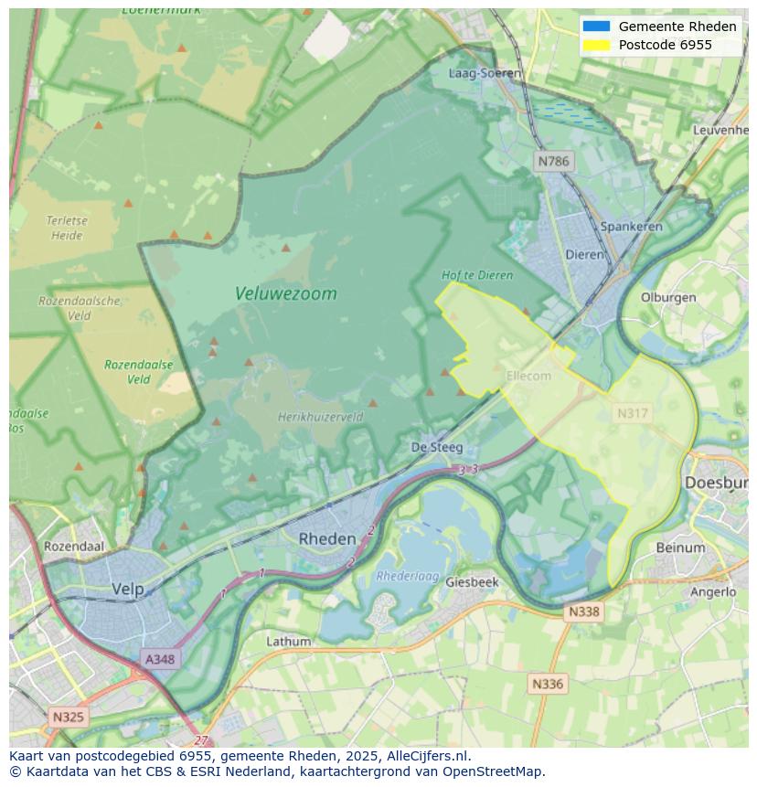 Afbeelding van het postcodegebied 6955 op de kaart.