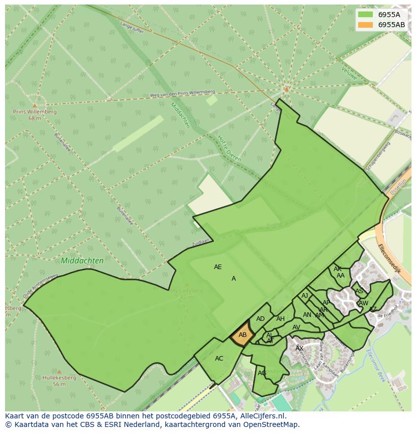 Afbeelding van het postcodegebied 6955 AB op de kaart.