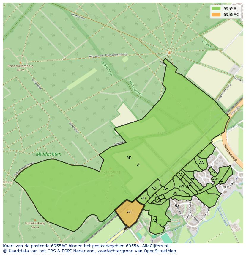 Afbeelding van het postcodegebied 6955 AC op de kaart.